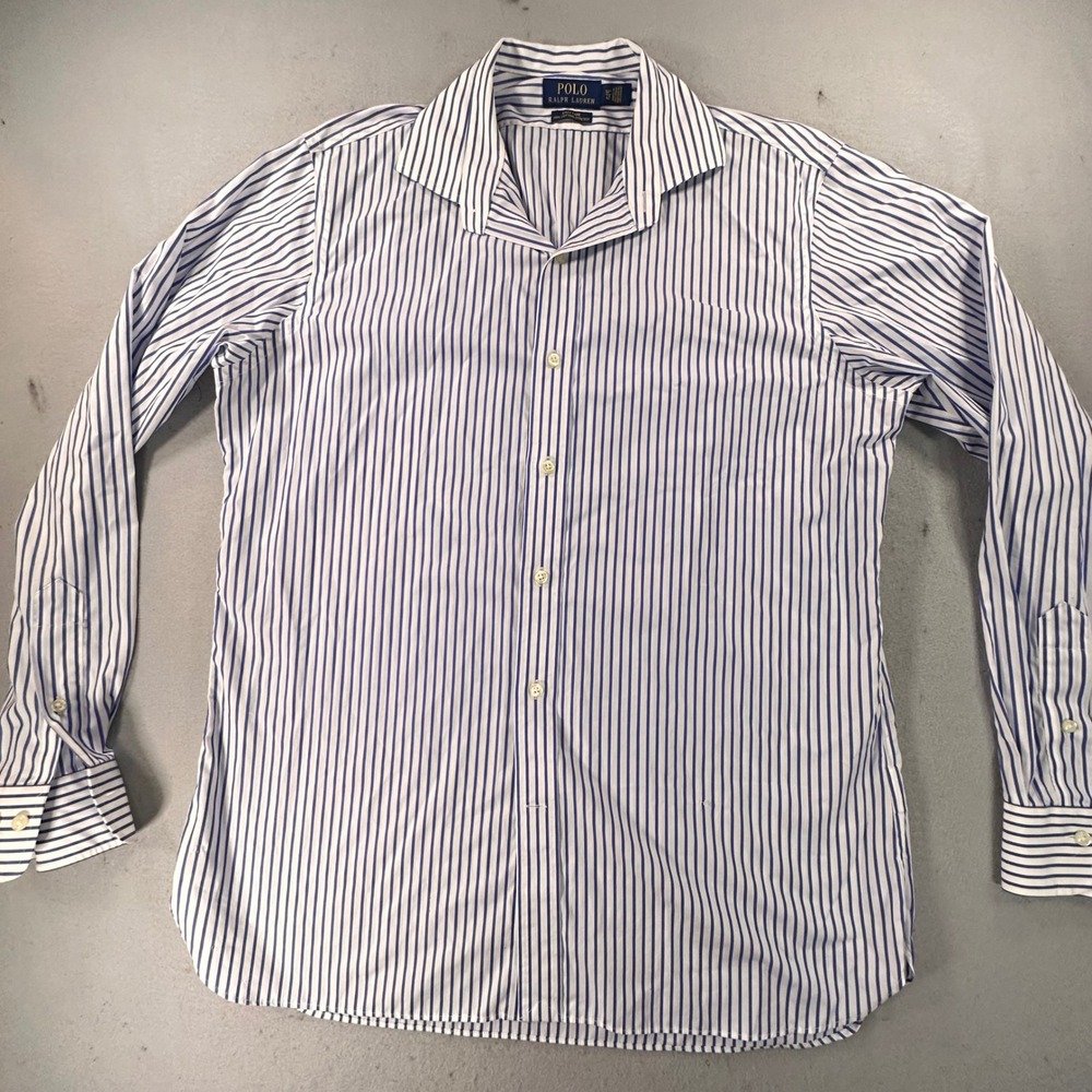 Polo Ralph Lauren Mens 16.5 42 Blue White Striped Easy Care Cotton Stretch Shirt